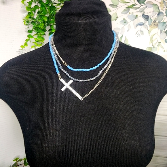Silver Multi Chain Multi Media Cross Necklace and Earrings Set - Picture 7 of 9
